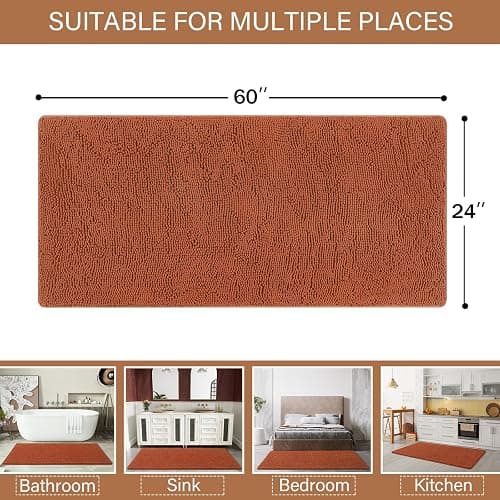 LOCHAS Luxury Bathroom Rug Shaggy Bath Mat 24 x 60 Inch, Washable Non Slip Bath Rugs for Bathroom Shower, Soft Plush Chenille Absorbent Carpets Mats, Burnt Orange thumbnail 2