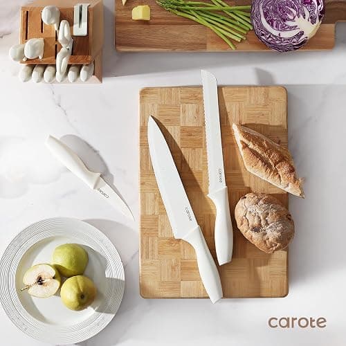 CAROTE 15Piece Knife Set, Kitchen Knife Block Set, Elegant White Ceramic-Coated Blades with Stylish Wooden Block for Modern Culinary Excellence thumbnail 4