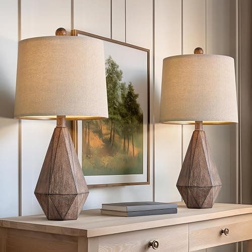PoKat 20.25" Retro Farmhouse Table Lamp Set of 2 - Living Room & Bedroom Rustic Linen Bedside Nightstand Lamps for Kids, Study, Office - Resin, Suitable for Small Places thumbnail 4