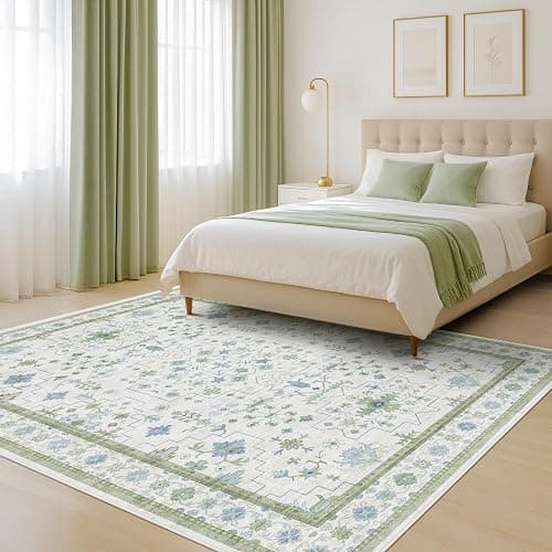 Hazo Haus Cream Oushak 6x9 Bedroom Rug - Boho Floral Cool Blue and Green, Washable Low Pile Non-Slip Ultra-Thin Large Area Rugs for Bed Room, Living Room, Playroom - Image 1