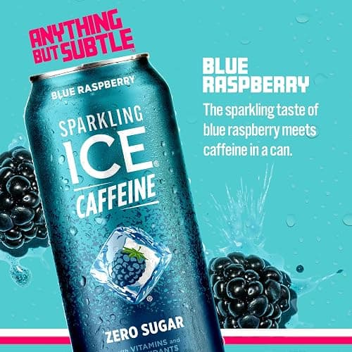 Sparkling Ice Caffeine Blue Raspberry Sparkling Water with Caffeine, Zero Sugar, with Antioxidants and Vitamins,16 fl oz Cans (Pack Of 12) thumbnail 2