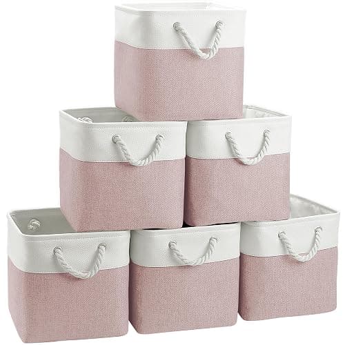 FinishingBo Cube Storage Bins, 6 Pack 11x11 inch with Cotton Handles for Closet, Shelves, Clothes, Towel (White/Pink) - Image 1
