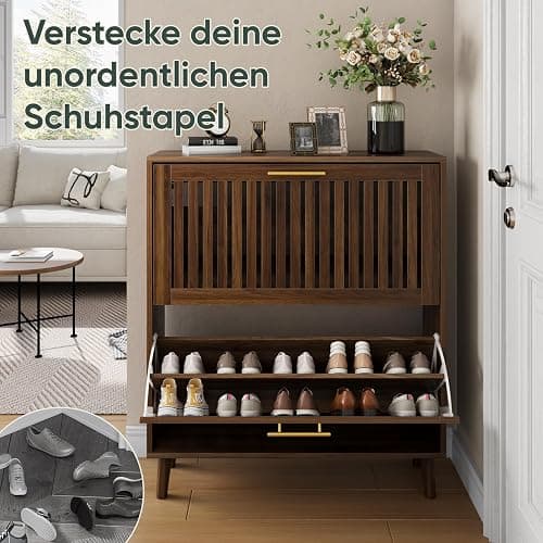 Smart FENDEE Schuhschrank Bauernhausstil, schmaler freistehender Schuh-Organizer mit 2 klappbaren Latten-Schubladen (Slatted), goldene Griffe, versteckter Eingangsbereich für Flur, Walnuss 80B cm thumbnail 6