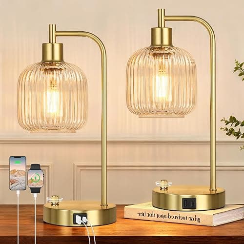 QiMH Industrial Table Lamp for Bedroom Set of 2, Clear Glass Beside Lamp with USB A&C Ports, Stepless Dimmable Gold Lamps, Nightstand Lamps for Living Room, Office, Home Decor(Bulb Included) - Image 1