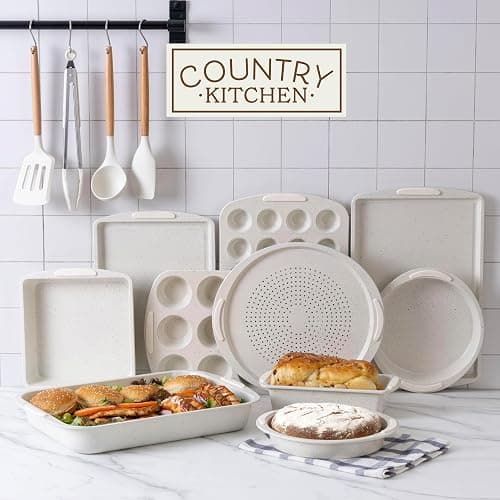 Country Kitchen Nonstick Stackable Bakeware Set - Durable, Easy Release Baking Set, Cream, 14 Pcs thumbnail 2