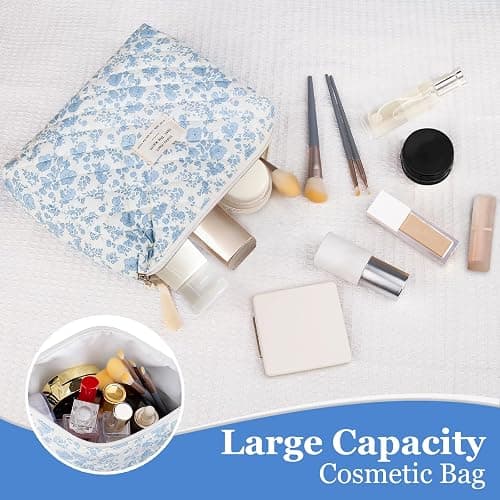 Floral Makeup Bag, Large Cosmetic Bag for Women Girls, Cute Cotton Make up Pouch, Quilted Makeup Bags, Flower Travel Toiletry Organizer Bag(Blue Floral) thumbnail 4