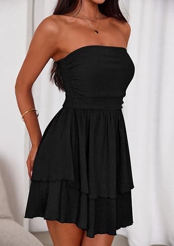 PRETTYGARDEN Women's 2025 Summer Strapless Tube Mini Dress Off Shoulder Smocked Ruffle A Line Flowy Short Party Club Dresses thumbnail 4