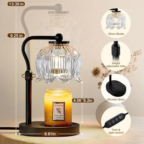 CASTLELIFE Candle Warmer Lamp with Timer & Stepless Dimming, Height Adjustable Electric Wax Warmer for Jar Candles, Flower Wax Melter with Wood Base, Gifts for Women Home Decor, Black Wood thumbnail 2