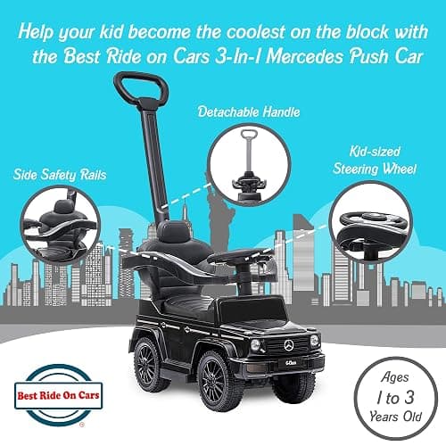 Best Ride On Cars 3 In 1 Mercedes G-Wagon Push Car for Toddlers 1 to 3 Years Old, Kids Outdoor Stroller with Music, Horn Sounds, and Handle, Realistic Driving Experience, Black thumbnail 4