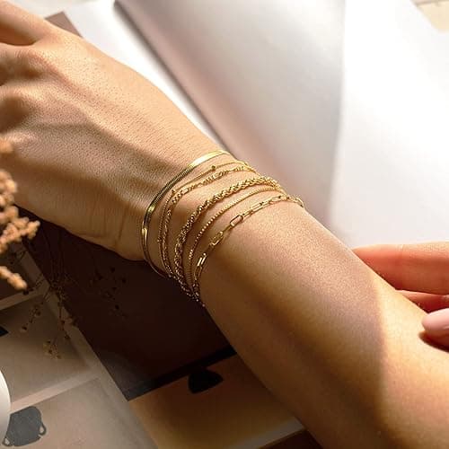 DEARMAY Gold Bracelets for Women Waterproof, 14K Gold Plated Jewelry Sets Trendy Thin Dainty Stackable Cuban Link Paperclip Chain Bracelet Pack Fashion Accessories Gifts for Womens thumbnail 4