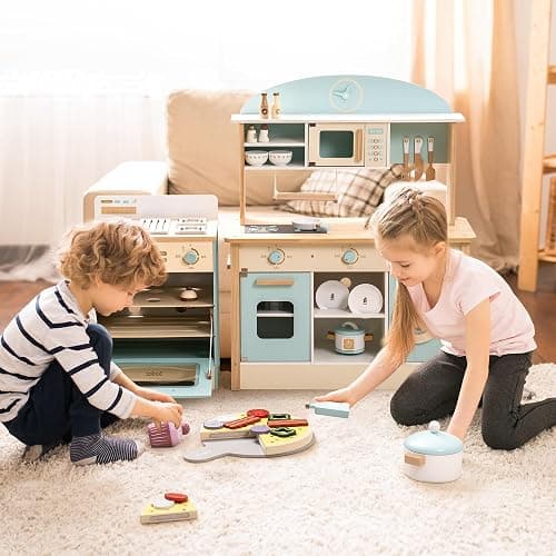 ROBUD Wooden Play Kitchen Set, Kids Toy Kitchen Set with Realistic Design, Utensils, Ice Maker, Fridge, Oven, Washer, Modern Style Play Kitchen with Accessories, Ideal Gift for Boys & Girls, Blue thumbnail 3