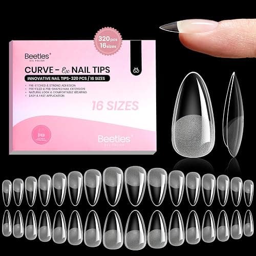 Beetles Gel Nail Tips Curve-EX - Almond Medium, 320pcs 16 Sizes, Etch-X Half Matte Full Cover Soft Acrylic False Press on Nail Tips Easy DIY Nail Extension Art Salon for Curved & Natural Nail Beds - Image 1