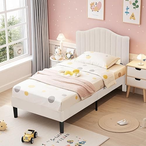 VECELO Twin Bed Frame Upholstered Platform Bed Frame with Height Adjustable Teddy Fabric Headboard, Strong Wood Slats Supports 7.9'' Under Bed Space Noise Free No Box Spring Needed, Cream thumbnail 7