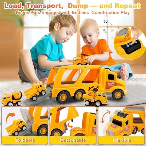 Nicmore Construction Truck Toddler Toys Car: Toys for 1 2 3 4 Year Old Boy 5 in 1 Carrier Toys for Kids Age 1-3 2-4| 18 Months 2 Year Old Boy Christmas Birthday Gifts thumbnail 4