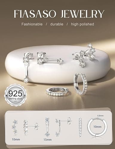 FIASASO 3 Pairs 925 Sterling Silver Hypoallergenic Earrings for Women Trendy - 14K Gold Plated Stud Hoop Cartilage Earrings Set Small Earring Stacks for Sensitive Ears Non Tarnish Dainty Silver Earring thumbnail 2