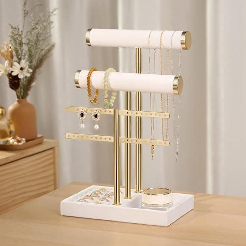 Josmimic Schmuck Organizer mit 3 Ebenen - Weiß Schmuckständer Armbänder, Abnehmbarer T-Steg Schmuck Ständer, Samt-Armbandhalter, Schmuckhalter für Armband, Halskette, Uhren, Ringe thumbnail 4