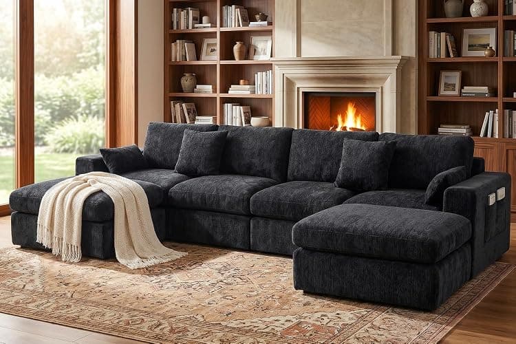 Vellorise 136" Cloud Modular Sectional Sofa with Detachable Comfort Seat Cushion, U-Shaped Convertible Boneless Couches for Living Room, Rearrange Freely, No Assembly, Misty Black, 6-Seater Ensemble - Image 1