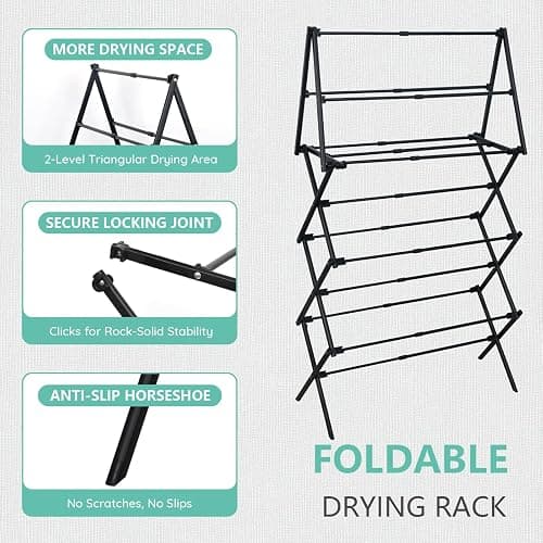 ZOES HOMEWARE 4 Tier Clothes Drying Rack Foldable | Foldable Clothing Drying Rack | Laundry Drying Rack Collapsible for Laundry Room, Dorm, Expandable Sturdy Metal Design | Black 29"L x 11.5"W x 53"H thumbnail 4