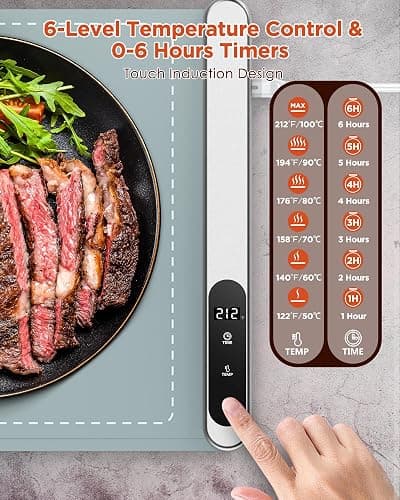 FEPPO Food Warming Mat, Upgrade High-tech Graphene Heating Film, Fast Full Surface Electric Warming Tray with 6 Level Adjustable Temperature and 6 Hours Timer, Roll Up Food Warmers for Parties Buffet thumbnail 5