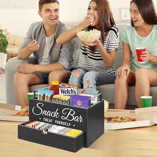 Snack Organizer for Countertop, Wood Pantry Storage Bins with Handles, Snack Bar Organizer for Kitchen, Office, 4 Compartment Food Container Snack Box with Drawer, Pantry Organizer for Chips, Candy thumbnail 2