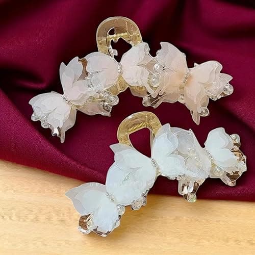 KEMMINTVN Set 2pcs Elegant Butterfly Hair Clips, Pearl Decorated Crab Claw Hairpins, White Wedding Hair Accessories, 4.92 x 2.55 inches thumbnail 2