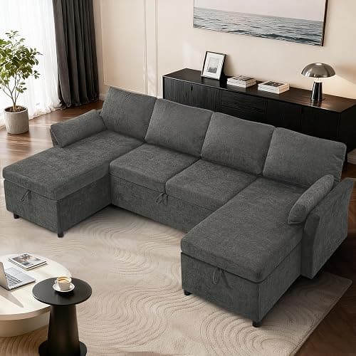 ACMEASE 107 Inches Fabric Sectional Sofa with Pull Out Sofa Bed, Modern U-Shape Sofa with Throw Pillows, Comfortable Sleeper Couch with Storage Chaise for Living Room, Grey thumbnail 6