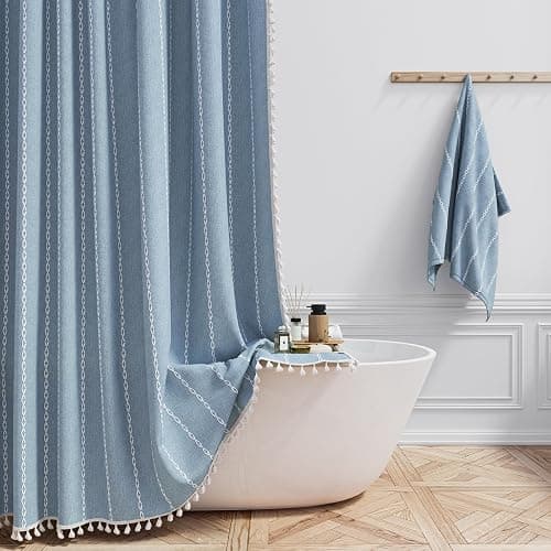 BTTN Boho Farmhouse Shower Curtain, Linen Rustic Weighted Striped Fabric Shower Curtain Set with Tassel, Water Repellent, Bohemian Vintage Country Cloth Shower Curtains for Bathroom, Blue, 72x72 - Image 1