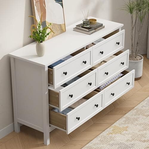 CARPETNAL White Dresser for Bedroom, 6 Drawer Dresser with Wide Drawer and Metal Handles, Wood Dressers & Chests of Drawers for Hallway, Entryway. thumbnail 5