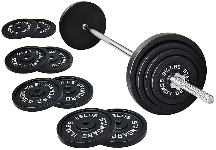 Fitvids Cast Iron Standard Weight Plates Including 5FT Standard Barbell with Star Locks, 95-Pound Set (85 Pounds Plates + 10 Pounds Barbell), Multiple Styles - Image 1