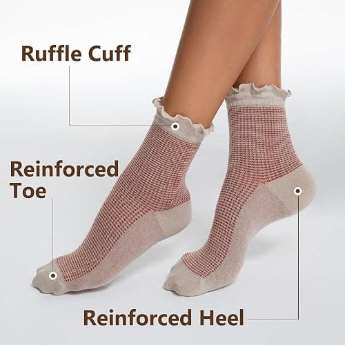Qqmump Women Ruffle Socks, Cotton Retro Frilly Striped Socks, Cute Checkered Ankle Sock for Women, Vintage Casual Dress Sock thumbnail 2