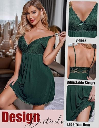 Avidlove Women Nightgown Sexy Sleepwear Lace Chemise V-neck Modal Babydoll Lounge Dress thumbnail 3