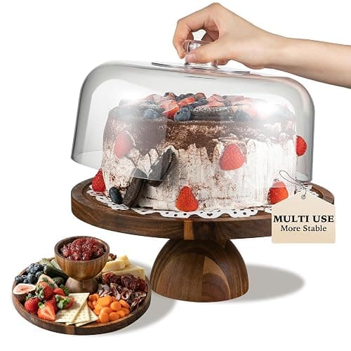 Fyctio Acacia Wood Cake Stand with Lid,12in Round Acrylic Cake Stand with Dome,2-In-1 Reversible Charcuterie Board with Lid,Large Wooden Baked Goods Display Holder,Perpare For Dessert,Cheese,Chips,Cookie - Image 1