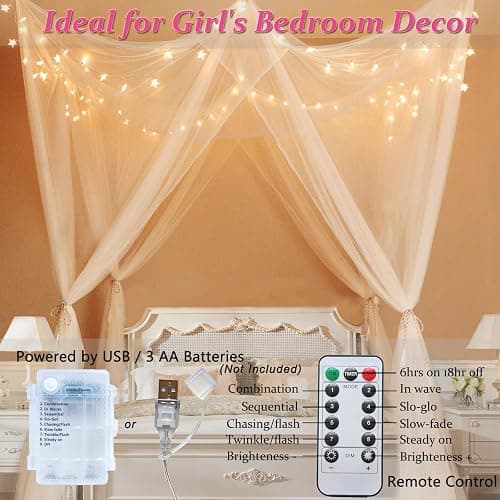 Obrecis White Bed Canopy with Lights for Girls Bedroom Decor, 8 Corner Princess Canopy Bed Curtains with Warm White LED Star String Lights Remote Control Canopy for Bed Twin Full Queen King Size Bed thumbnail 2
