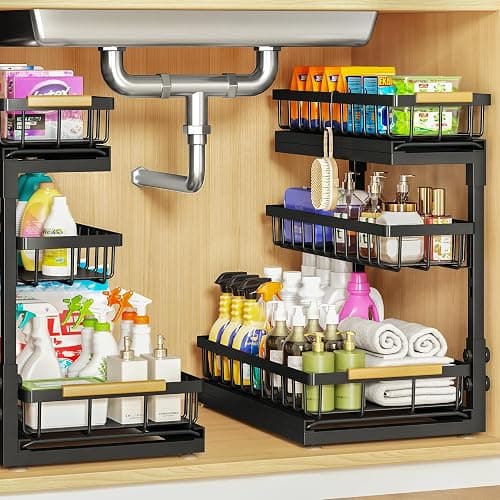 Under Sink Organizer and Storage for Bathroom and Kitchen - 2 Pack 3 Tier | Under Cabinet Pull Out Shelf Organizers - Slide Out Drawer Organization for Home Cabinets Shelves and Drawers - Image 1