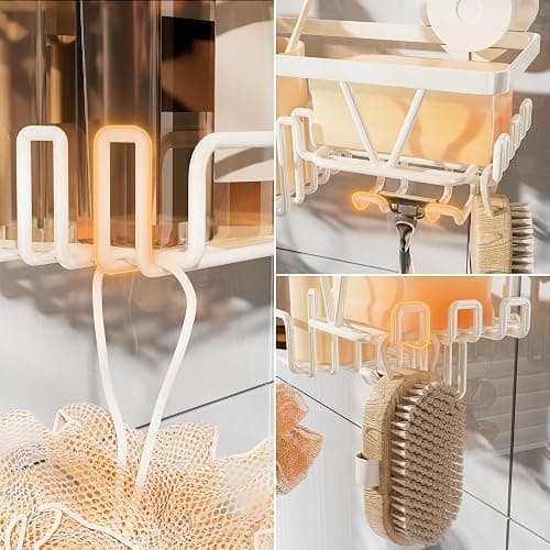 KEGII Shower Caddy Suction Cup with Soap Holder and Hooks, Removable Suction Bathroom Organizer Shelf, No Drilling Shower Organizer, Stainless Steel Shampoo Holder for Bathroom Storage, Cream White thumbnail 3