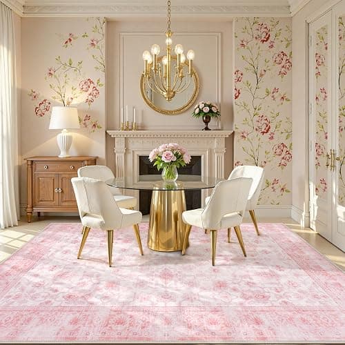 LIVEBOX 8x10 Pink Area Rug for Living Room, Vintage Soft Washable Bedroom Area Rugs, Non-Slip Foldable Floral Rug, Indoor Carpet for Dining Room Nursery Dorm Home Decor thumbnail 2