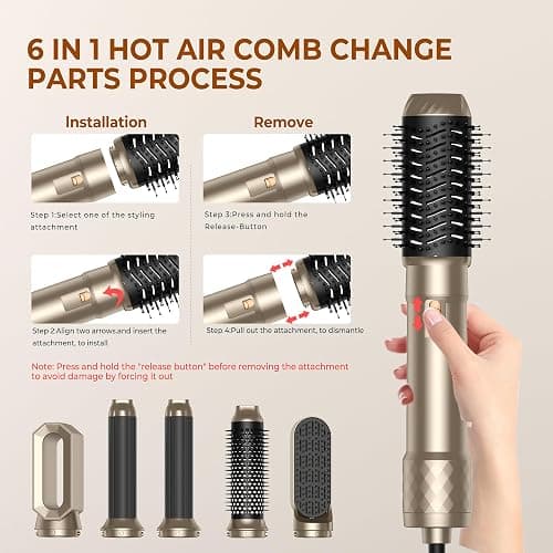 Airstyler Set 6 in 1 Haartrockner Hairstyler,1000W Warmluftbürste, 30mm Air Curling,Abnehmbar,3 Temperatur und Windgeschwindigkeit,Rundbürstenföhn zum Trocknen,Locken und Straighthen der Haare-GOLD thumbnail 9