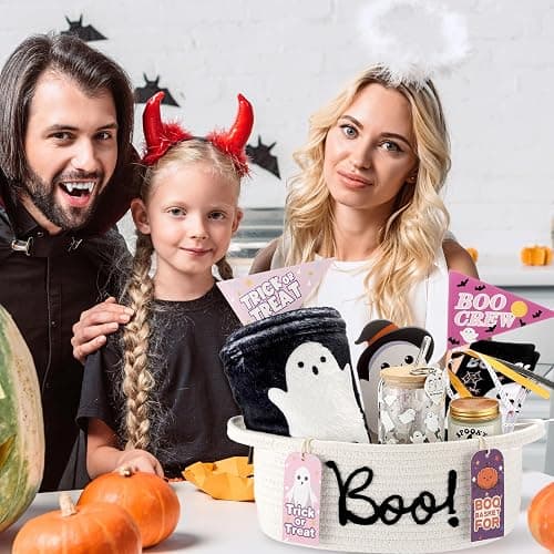 Reallnaive Halloween Boo Woven Basket Cute Storage Spooky Basket with Handle Boo Woven Trick or Treat Gift Organizer for Halloween Party Favors and Decorations Women Men(White,12 x 8 Inch) thumbnail 2