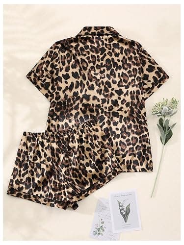 SHENHE Women's 2 Piece Satin Pajama Set Leopard Short Sleeve Button Down Pj Shorts Set thumbnail 2