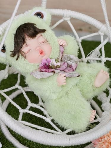Reborn Baby Doll 10 Inch – Realistic Vinyl Sleeping Girl in Soft Green Frog Outfit – Comfort Doll Gift for Girls & Collectors thumbnail 9