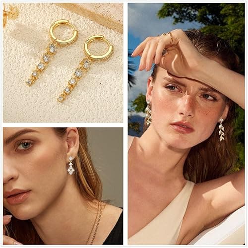 Lunvky 14K Gold Plated Dangle Earrings for Women Dainty Silver Drop Earring Trendy Long Dangling Wedding Bridesmaid Hoop Diamond Crystal Cute Earring Prom Jewelry Graduation Gifts thumbnail 2
