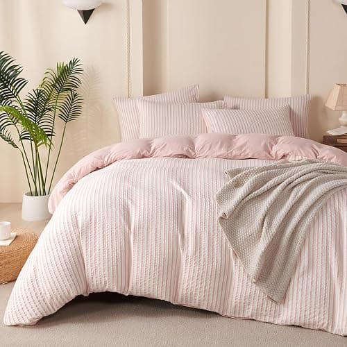 BUPIRD Pink Comforter Set Queen Size Striped 100% Soft Washed Microfiber Jacquard 3 Pieces Striped Bedding Sets Pink White Comforter Queen for All Seasons and 2 Pillowcases Comfort Breathable - Image 1