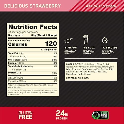 Optimum Nutrition Gold Standard 100% Whey Protein Powder, Delicious Strawberry, 5 Pound (Packaging May Vary) thumbnail 4