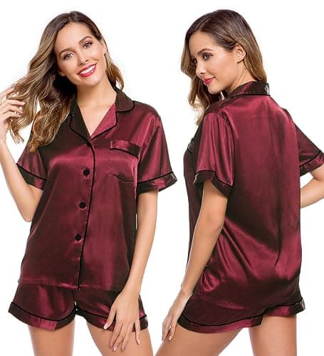 LecGee Womens Silk Satin Pajamas Short Sleeve Loungewear Two-Piece Sleepwear Button-Down Pj Set - Image 1