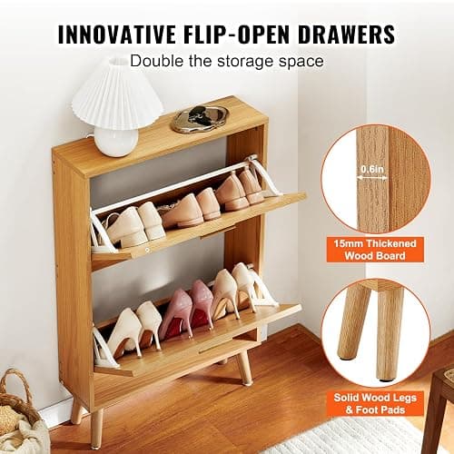 VEVOR Shoe Cabinet with 2 Flip Drawers, Shoe Storage Cabinet for Entryway, Free Standing Shoe Storage Organizer with Rattan Doors for Heels, Boots, Slippers in Hallway, Living Room - 23.62"D x 6.61"W x 34.53"H thumbnail 7