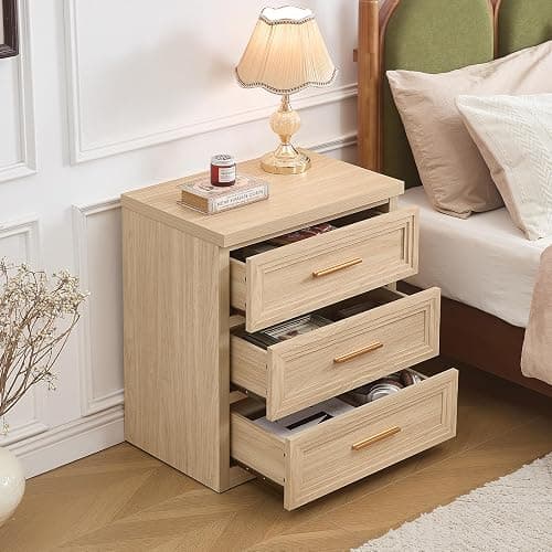 RWYHG Night Stand Set of 2 with 3 Drawer 26" Fluted Wooden Tall Nightstand Metal Handle for Bedroom Living Room Bedside Table Modern Style Furniture Natural thumbnail 4
