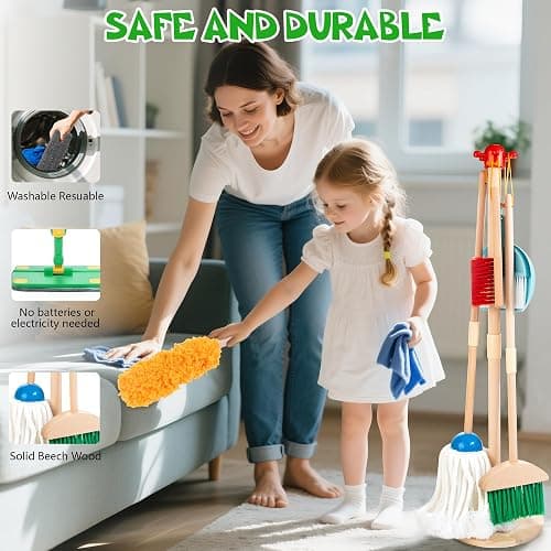 Wooden Kids Cleaning Set with Spray Mop, Montessori Cleaning Toys Real Water Sprayer and Toddler Broom Mop Set, Housework Pretend Play Toy Gift for Boys Girls Ages 3+ thumbnail 5