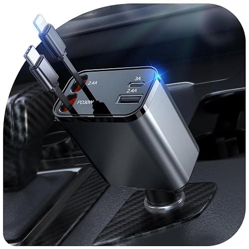 2026 Updated 78W Retractable Car Charger, 4-in-1 Fast Car Phone Charger with 2.6ft Two Retractable Cables and USB C+USB A Car Charging Block Cube, Compatible with iPhone 13 14 15 16 17 Pro Max, Plus - Image 1