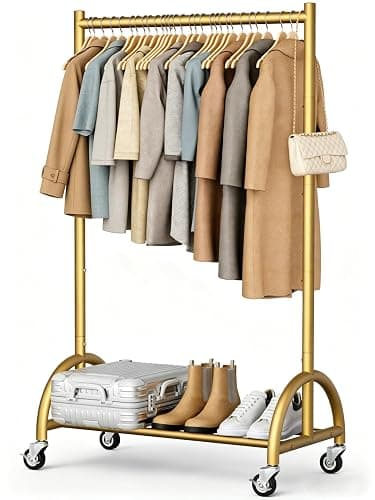 MISSLO Heavy Duty Clothing Rack with Wheels Rolling Clothes Racks for Hanging Clothes, Coats, Garment, Dress, Gold, 30" W - Image 1