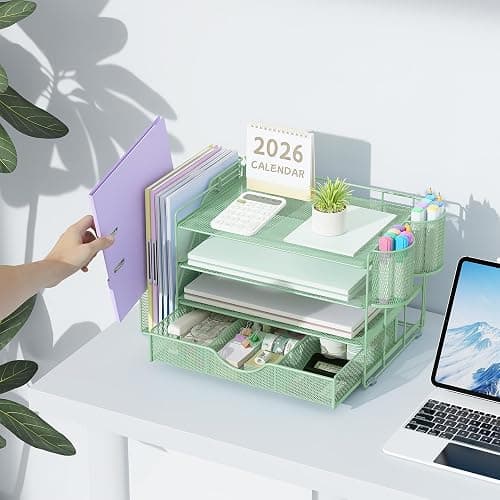 gianotter 4-Tier Desk Organizer with Drawers, File Holders, Letter Trays and Pen Holders - Workspace Accessories for Office Supplies (Sage Green) thumbnail 2